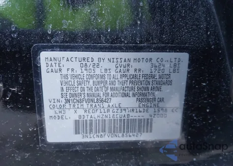 2022 Nissan Versa 1.6 Sr Xtronic Cvt z USA, uszkodzony, nr VIN 3N1CN8FV0NL856427